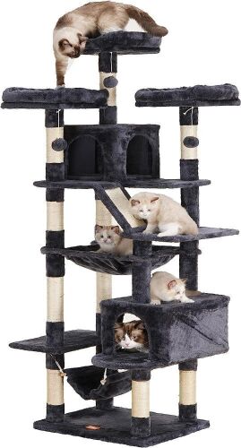 Heybly 73" XXL Multi-Level Cat Furniture Condo for Large Cats with Padded Plush Perch, Cozy Basket and Scratching Posts, Smoky Gray - Lot 268