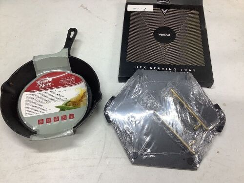 General Store Addlestone 10in Cast Iron Fry Pan & VonShef Hex Serving Tray with Handles  - Lot 641