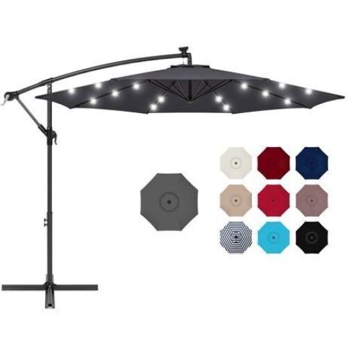 Solar LED Offset Hanging Patio Umbrella w/ Crank Tilt Adjustment - 10ft  - Lot 635