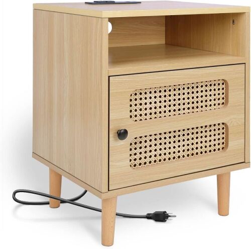 Babenest Rattan Nightstand Side Table with Charging Station, Natural Walnut - Lot 151