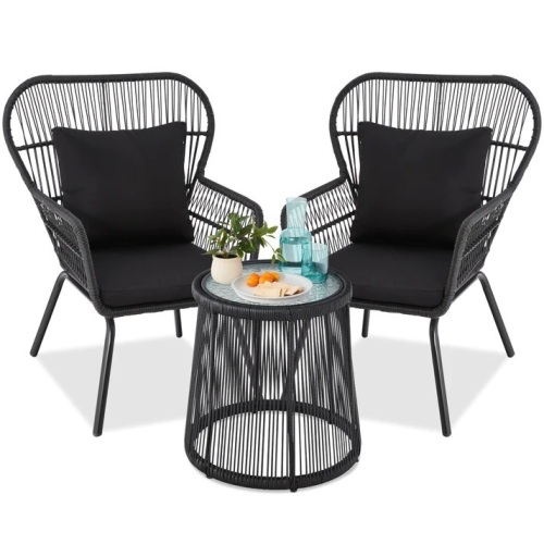 3-Piece Patio Wicker Conversation Bistro Set w/ 2 Chairs, Glass Top Table - Lot 8734