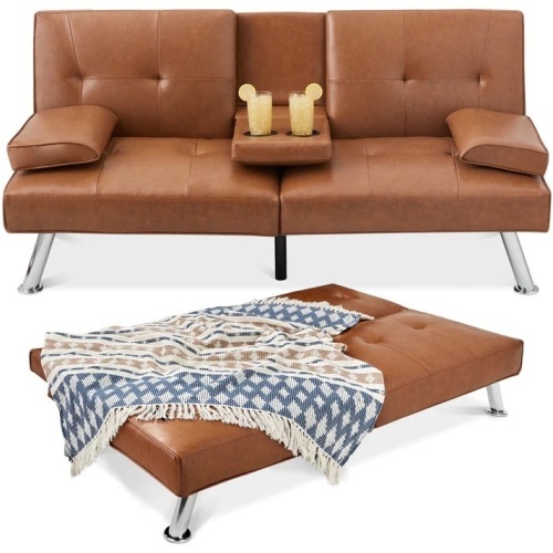 Faux Leather Upholstered Convertible Sofa Bed Futon w/ 2 Cupholders  - Lot 8914