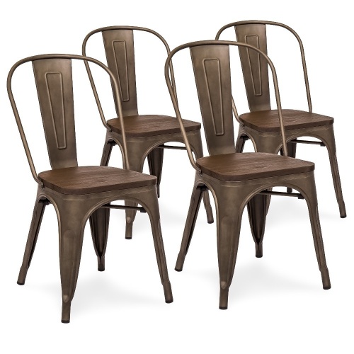 Industrial Distressed Metal Bistro Dining Side Chairs w/ Wooden Seat, Set of 4   - Lot 99