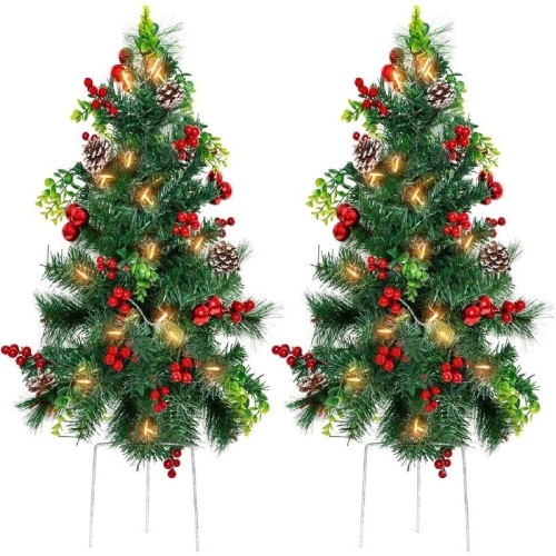 Set of (2) 25.5in Pre-Lit Pathway Christmas Trees w/ Pine Cones - Lot 1025