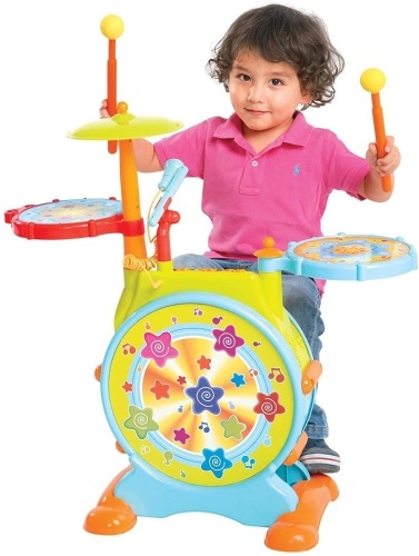 Kids Electronic Toy Drum Set with Mic, Stool, Drumsticks  - Lot 386