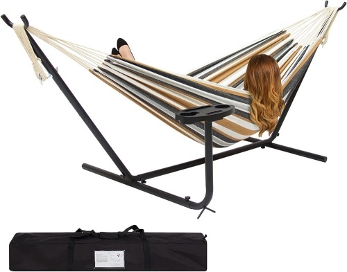Outdoor Double Hammock Set w/ Steel Stand, Cup Holder, Tray, and Carrying Bag - Lot 179
