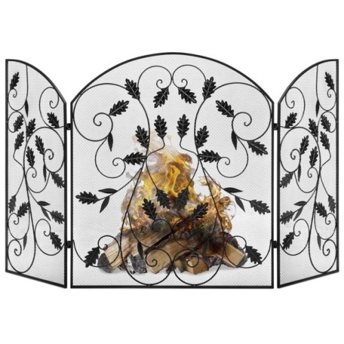 3-Panel 50x30in Steel Metal Mesh Fireplace Screen w/ Rustic Worn Finish, Scroll Leaf Decals - Lot 557