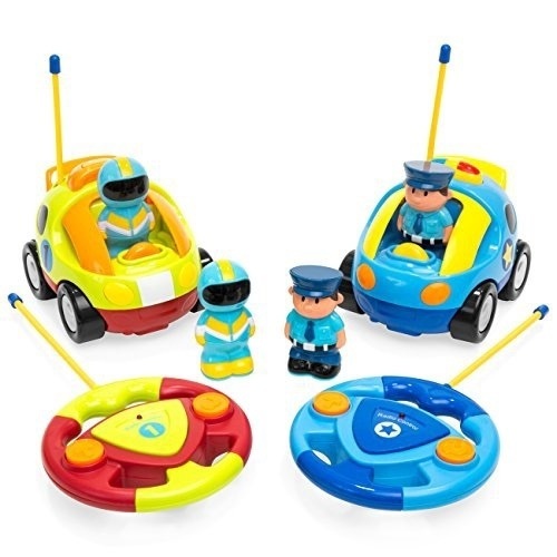 2-Pack Kids Cartoon Remote Control RC Police Car and Race Car w/ 2 Action Figures - Lot 1126