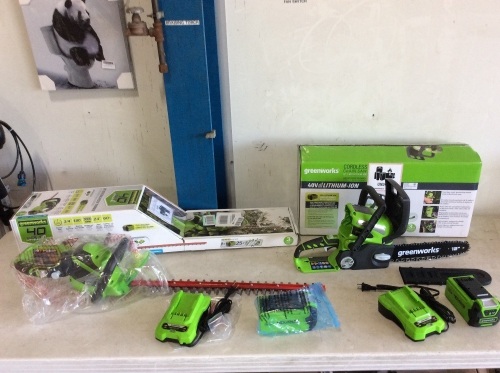Greenworks 24" Rotating Hedge Trimmer & 12" Cordless Chain Saw, One Battery and Charger are Bad  - Lot 154