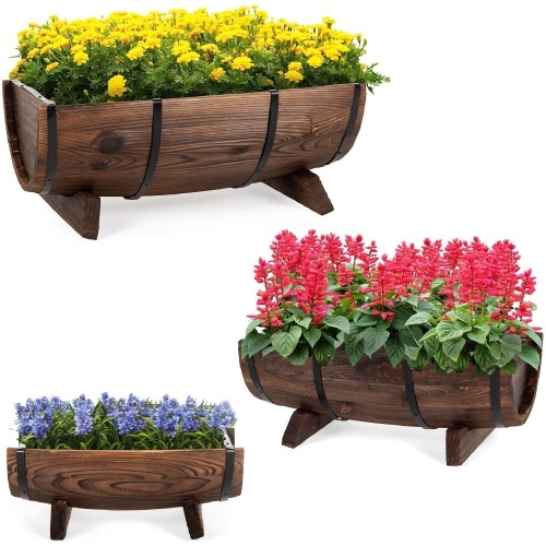 Set of 3 Rustic Wood Half Barrel Flower Garden Planters Set w/ Drainage Holes, Multiple Sizes - Lot 1364