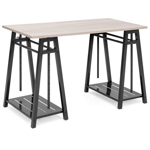 Multipurpose Adjustable Height Sit to Stand Home Office Desk w/Reclaimed Wood Finish, Steel Frame, Shelves - Lot 382