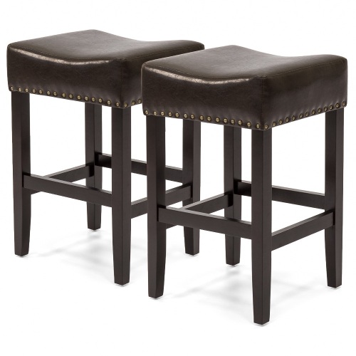 Set of 2 Backless Faux Leather Upholstered 26in Counter Stools w/ Brass Nailhead Trim - Lot 1041