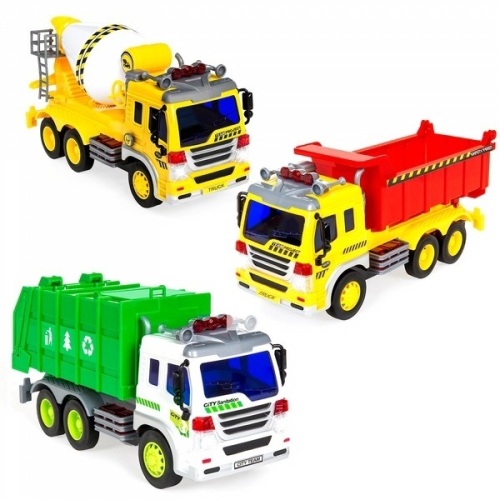 1/16 Scale Friction Powered Toy Garbage, Cement Mixer, Recycling Trucks W/ Lights And Sound  - Lot 1001