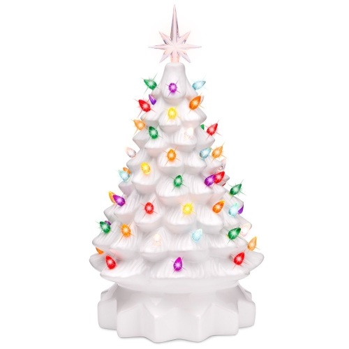 15in Pre-Lit Hand-Painted Ceramic Tabletop Christmas Tree w/ 64 Lights  - Lot 320