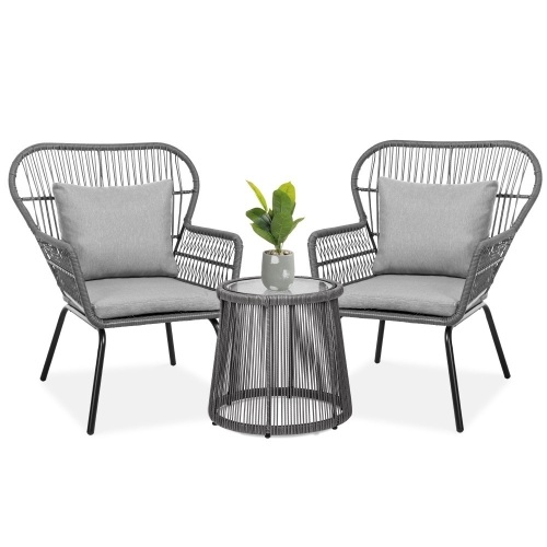 3-Piece Patio Wicker Conversation Bistro Set w/ 2 Chairs, Glass Top Table  - Lot 18