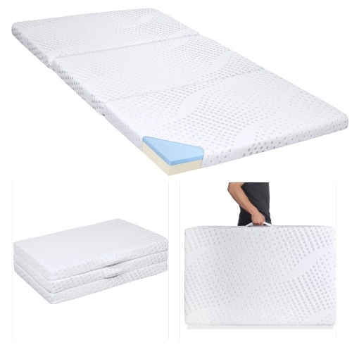 Portable 3in Queen Size Tri-Folding Memory Foam Gel Mattress Topper w/ Removable Cover  - Lot 180
