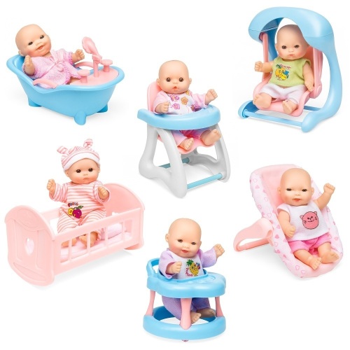 Set of 6 Mini Baby Dolls Toy w/ Cradle, High Chair, Walker, Swing, Bathtub, Infant Seat  - Lot 670
