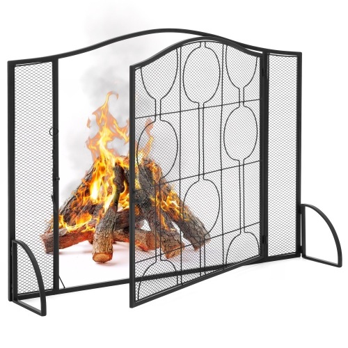 Single Panel 40x29in Heavy-Duty Steel Mesh Fireplace Screen w/ Locking Door  - Lot 682