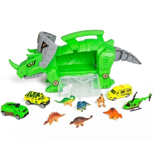 Kids Triceratops Toy Car Carrier Holder Set w/ Carrying Handle, Wheels, 4 Vehicles, 6 Dinosaurs - Lot 1152