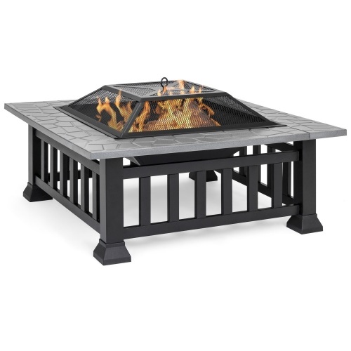 32in Outdoor Metal Square Table Top Wood Fire Pit w/ Mesh Lid Cover, Weather Cover, Poker  - Lot 329