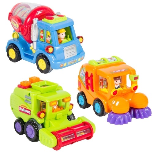 Lot of (2) Push-and-Go Friction Powered Car Toys w/ Street Sweeper, Cement Truck, Harvest Truck  - Lot 1302