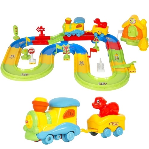 Kids Electric Train Track Car Toy Set w/ Puppy, Traffic Signs, Stickers, Lights, Sounds - Lot 793