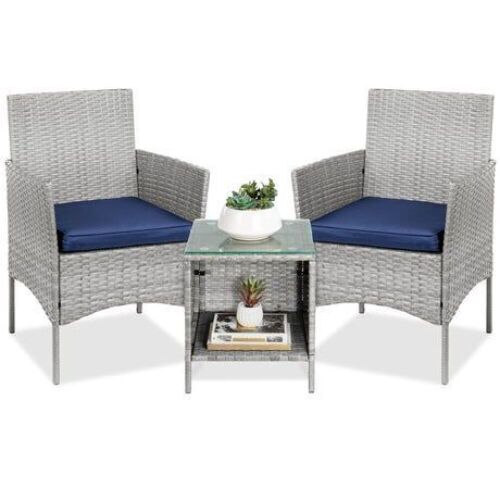 3-Piece Outdoor Patio Wicker Bistro Set w/ Side Storage Table  - Lot 95