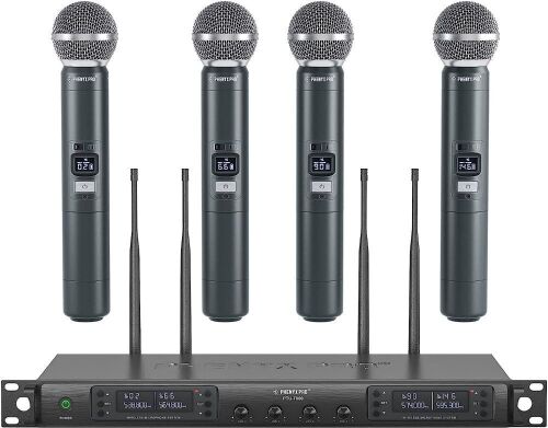 Phenyx Pro Wireless Microphone System, Quad Channel Wireless Mic, w/ 4 Handheld Dynamic Microphones, 4x40 Channels, Auto Scan, Long Distance 328ft - Lot 286
