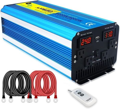 LVYUAN Pure Sine Wave 4000 Watts Power Inverter 24V to 110V DC to AC with 4 AC Outlets, 1 USB Ports 3.1A, LED Display and Remote Controller  - Lot 298