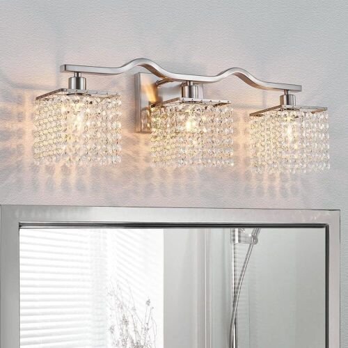 WUZUPS 3-Light Bathroom Light Fixture Clear Crystal Drop, Nickel  - Lot 580