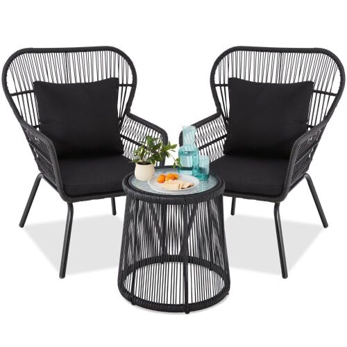 3-Piece Patio Wicker Conversation Bistro Set w/ 2 Chairs, Glass Top Table - Missing Hardware  - Lot 67