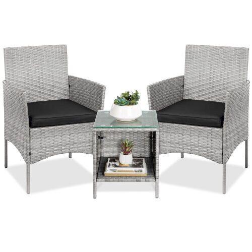 3-Piece Outdoor Patio Wicker Bistro Set w/ Side Storage Table  - Lot 60