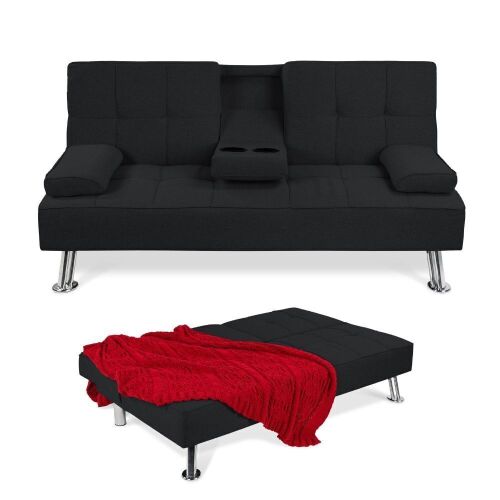 Linen Upholstered Convertible Sofa Bed Futon w/ 2 Cupholders  - Lot 90