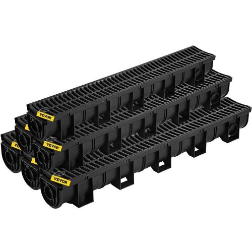 VEVOR Trench Drain System with Plastic Grate, 5.9x5.1-Inch HDPE Trench, 6x39 Trench Drain Grate, with 6 End Caps, 6 Pack - Lot 297