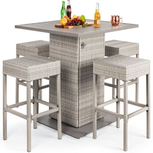 5-Piece Wicker Bar Set w/ 4 Stools, Built-In Bottle Opener, Hidden Storage  - Lot 48