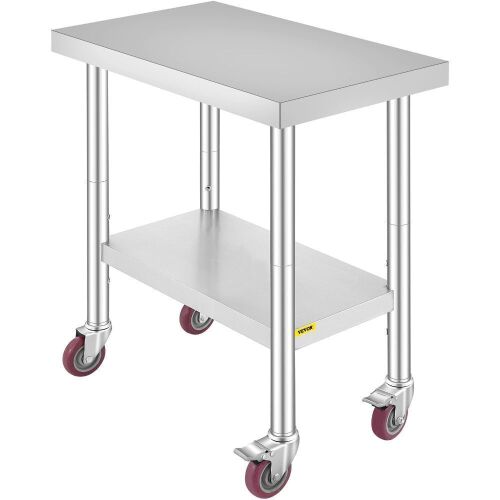VEVOR 30x18x34 Inch Stainless Steel Work Table 3-Stage Adjustable Shelf - Missing 1 Wheel & Hardware  - Lot 317