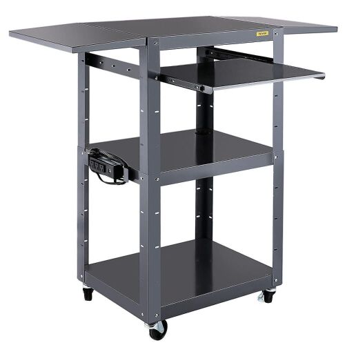 VEVOR 27-41" Height Media Cart with Power Strip, 25 x 18 Presentation Cart with Keyboard Tray, 2 Drop Leaves and 2 Locking Brakes, 150 lbs - Lot 199
