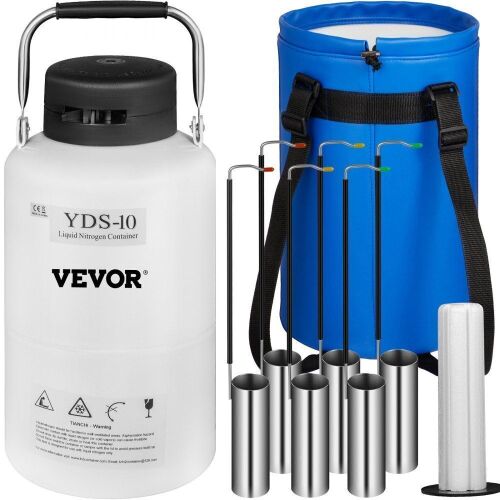 VEVOR 10L Aluminum Alloy Liquid Nitrogen Tank Cryogenic Container with 6 Canisters and Carry Bag - Lot 133
