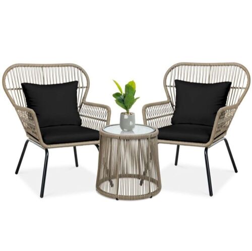 3-Piece Patio Wicker Conversation Bistro Set w/ 2 Chairs, Glass Top Table  - Lot 87