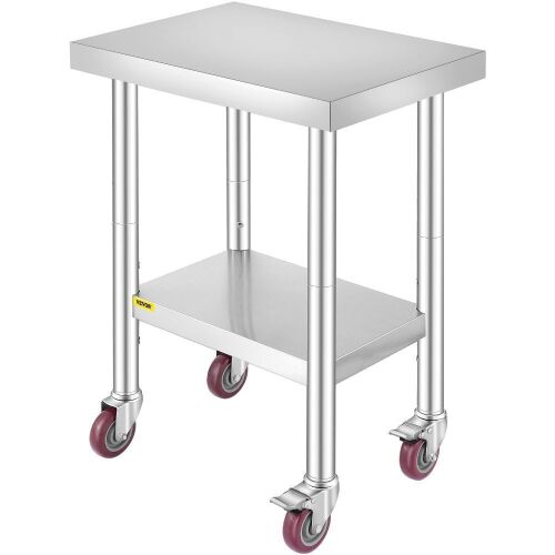 VEVOR 24x18x34 Inch Stainless Steel Work Table 3-Stage Adjustable Shelf with 4 Wheels  - Lot 270