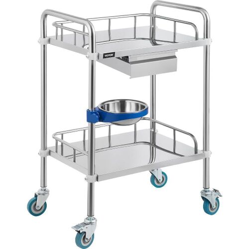 VEVOR Stainless Steel Lab Utility Cart w/Silent Omnidirectional Wheels, 2 Layers with 1 Drawer, 1 Refuse Basin  - Lot 218