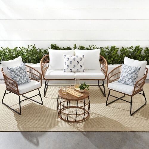 4-Piece Rope Wicker Outdoor Conversation Set w/ Cushions, Table  - Lot 29