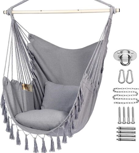 Y-STOP Hammock Chair Hanging Rope Swing, Max 500 Lbs, 2 Cushions Included - Lot 196