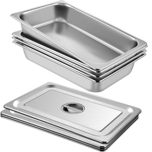VEVOR 3.7" Deep Steam Table Pan Full Size with Lid 20.8"L x 13"W, 4 Pack - Lot 347