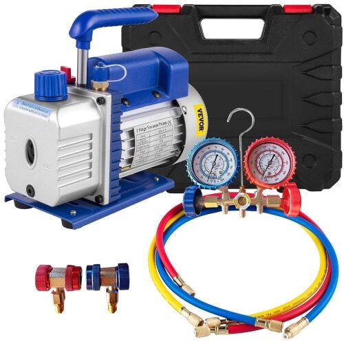 VEVOR 4CFM 1/4HP Rotary Vane Vacuum Pump + R134A Manifold Gauge Tester Charging +Hose - Lot 349