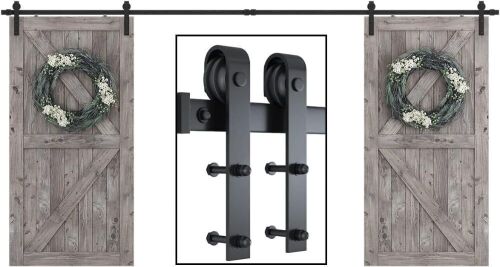 SMARTSTANDARD 14ft Heavy Duty Double Door Sliding Barn Door Hardware Kit, Fit 42" Wide Door Panel  - Lot 728