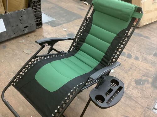 Oversized Padded Zero Gravity Chair, Folding Recliner w/ Headrest, Side Tray - Light Stains - Lot 440
