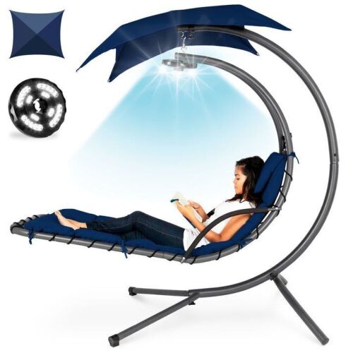 Hanging LED-Lit Curved Chaise Lounge Chair w/ Pillow, Canopy, Stand  - Lot 381