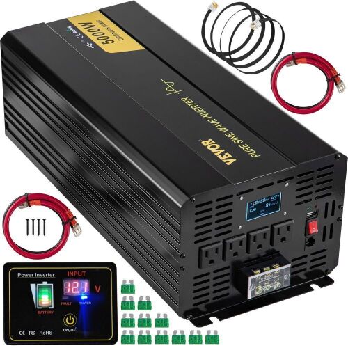 VEVOR Pure Sine Wave Inverter, 5000 Watt, DC 12V to AC 120V, LCD Display, USB Port and Remote Controller - Lot 93