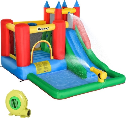 Outsunny 6-in-1 Kids Bounce House Inflatable Water Slide with Pool, Water Cannon, Climbing Wall, Air Blower Included - Dirty from Testing  - Lot 69